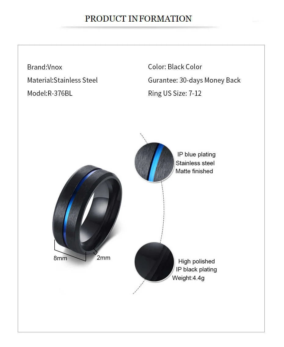 Vnox 6/8mm Black Ring for Men Women Groove Rainbow Stainless Steel Wedding Bands Trendy Fraternal Rings Casual Male Jewelry