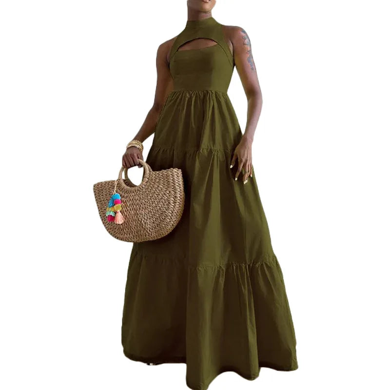 CM.YAYA Women Cutout Front Sleeveless Big Swing Floor Length Maxi Dress 2023 Autumn Street Evening Vestidos Sexy Party Dresses