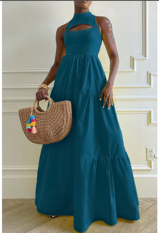 CM.YAYA Women Cutout Front Sleeveless Big Swing Floor Length Maxi Dress 2023 Autumn Street Evening Vestidos Sexy Party Dresses