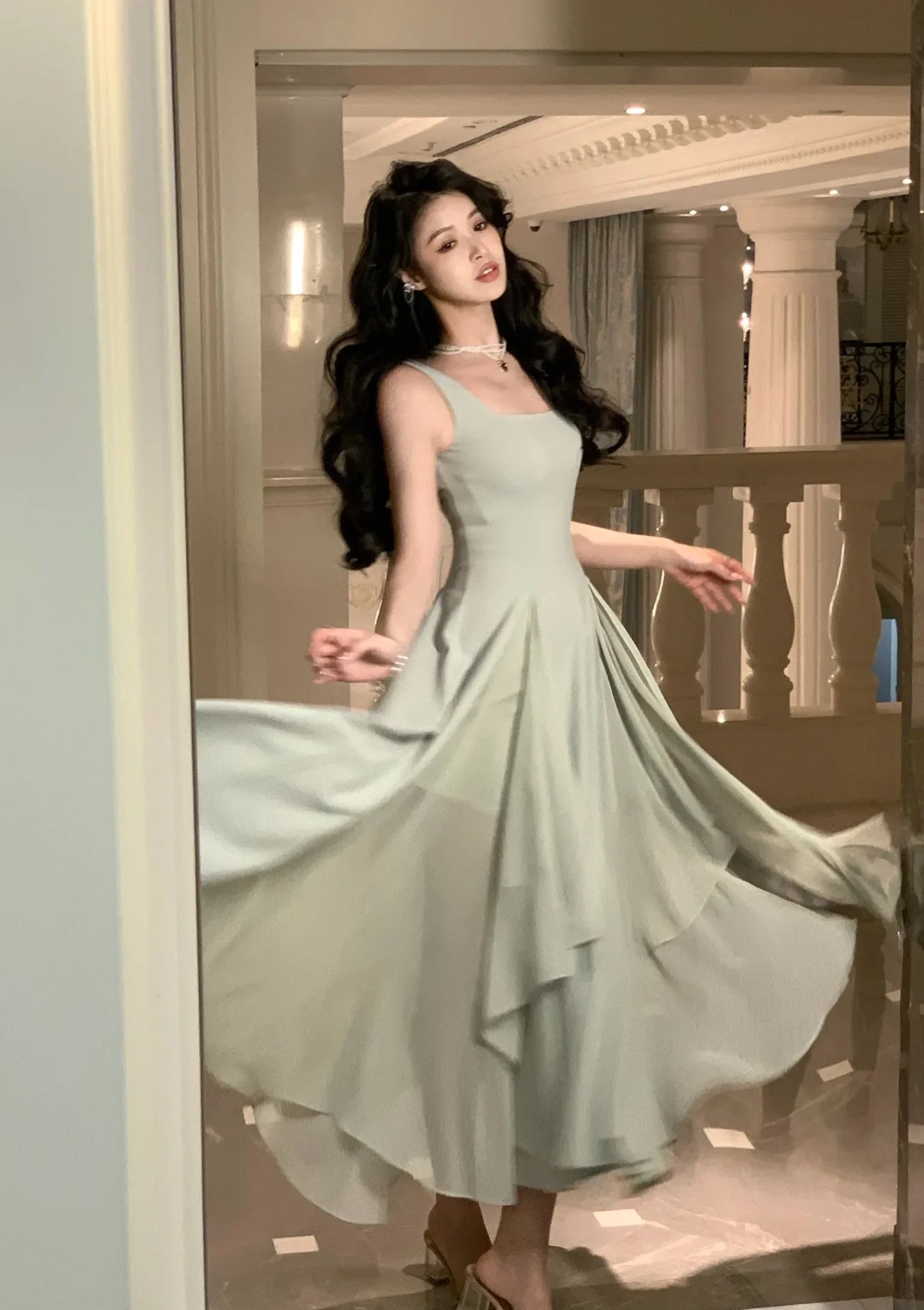 Women's Luxury Elegant Sleeveless Ruffles Square Collar Sheath Dresses 2024 Summer Fairy Slim Fit Solid Color Camisole Dress