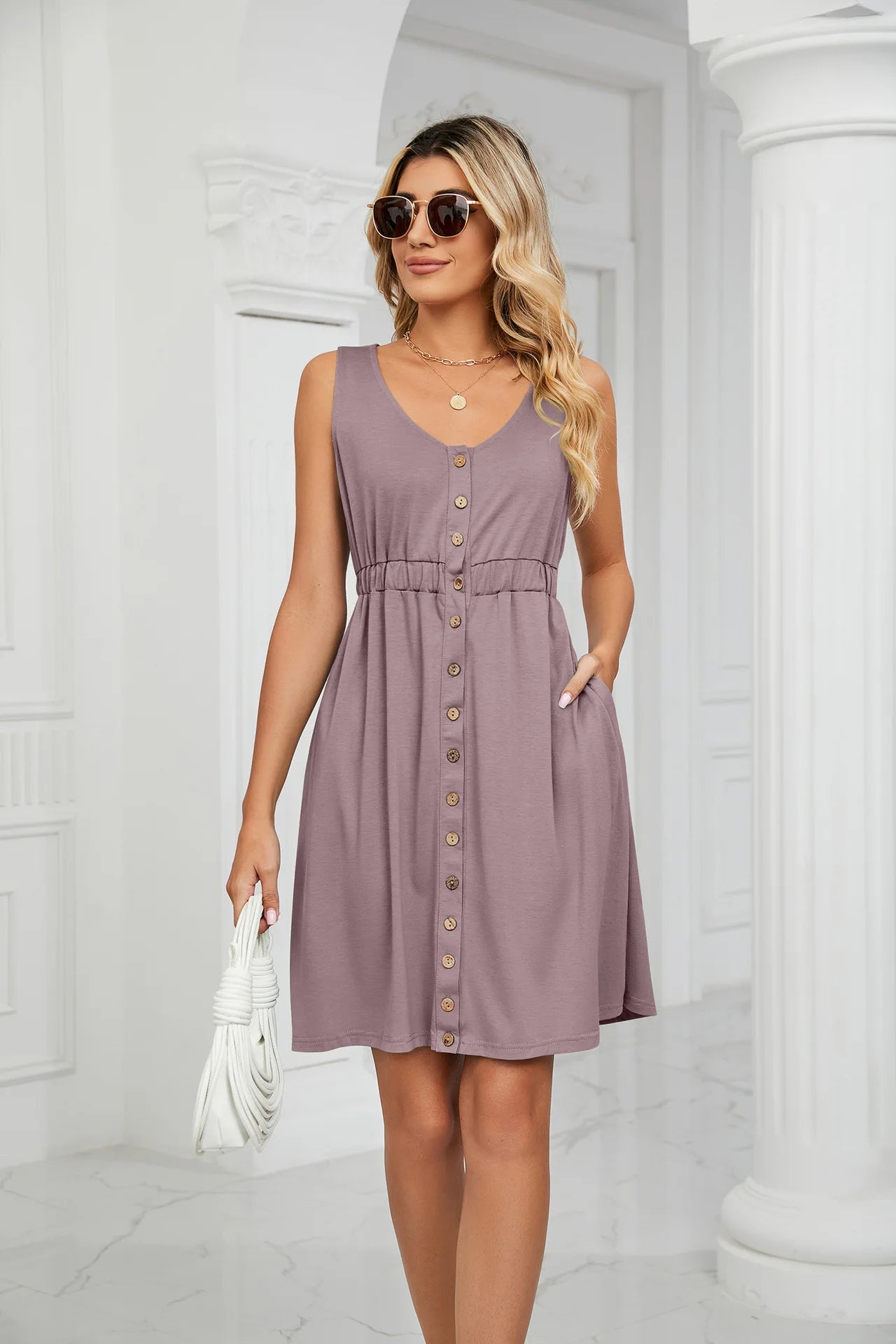 Vintage Elegant 2023 Summer Casual A-Line Womens Pullover Loose Pocket Dress Chic O-Neck Solid Sleeveless Long Dresses For Women