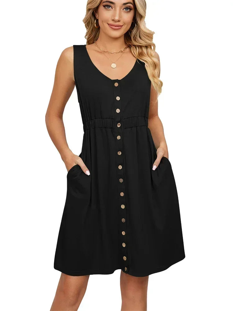 Vintage Elegant 2023 Summer Casual A-Line Womens Pullover Loose Pocket Dress Chic O-Neck Solid Sleeveless Long Dresses For Women