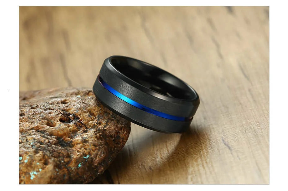 Vnox 6/8mm Black Ring for Men Women Groove Rainbow Stainless Steel Wedding Bands Trendy Fraternal Rings Casual Male Jewelry