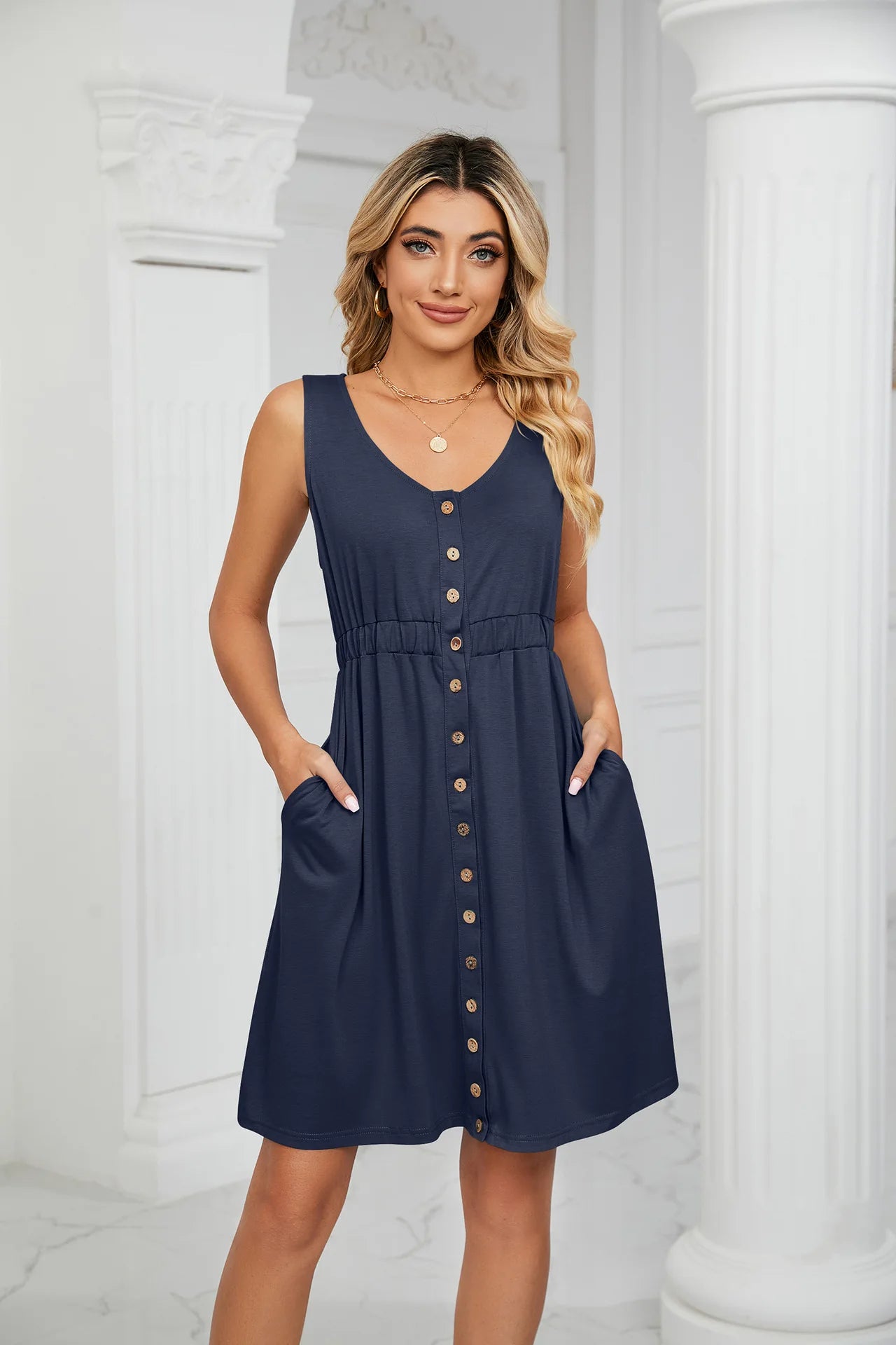 Vintage Elegant 2023 Summer Casual A-Line Womens Pullover Loose Pocket Dress Chic O-Neck Solid Sleeveless Long Dresses For Women