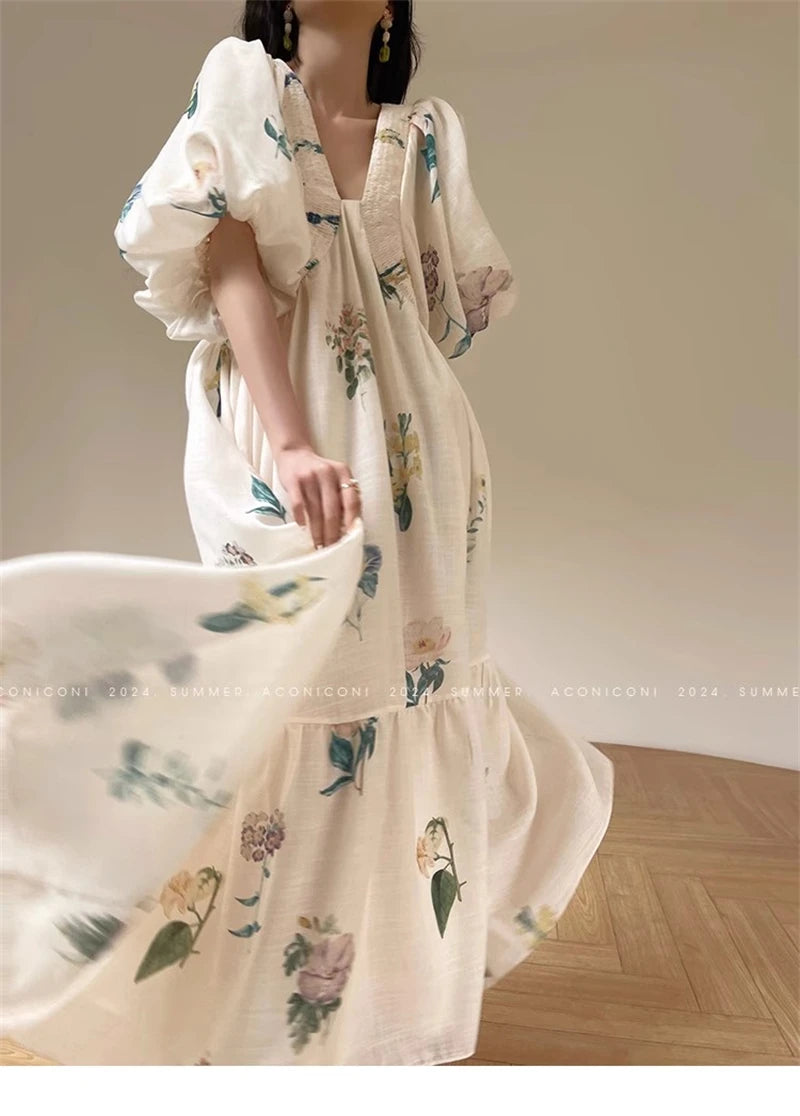 Vintage Fashion Printing Dress Cotton Linen Large Hem Loose Design V-neck Short Sleeves Women Dresses