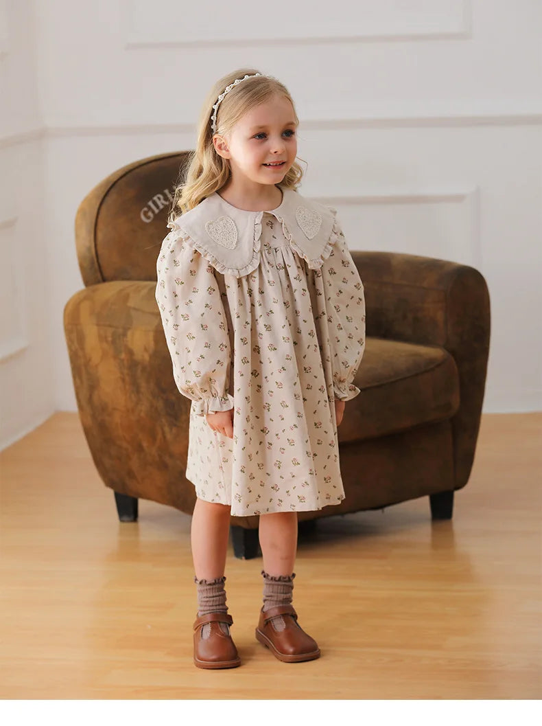 Spring Kids Baby Girls Sister Clothes Flower Print Princess Dress Autumn Baby Girls Doll Collar Dress Children Clothes Dress ﻿