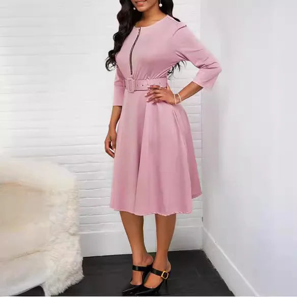 Women-New Autumn and Winter Dresses Round Neck Zipper Waist Mid-Length Sleeve Dress Temperament Commuting Swing Dress with Belt