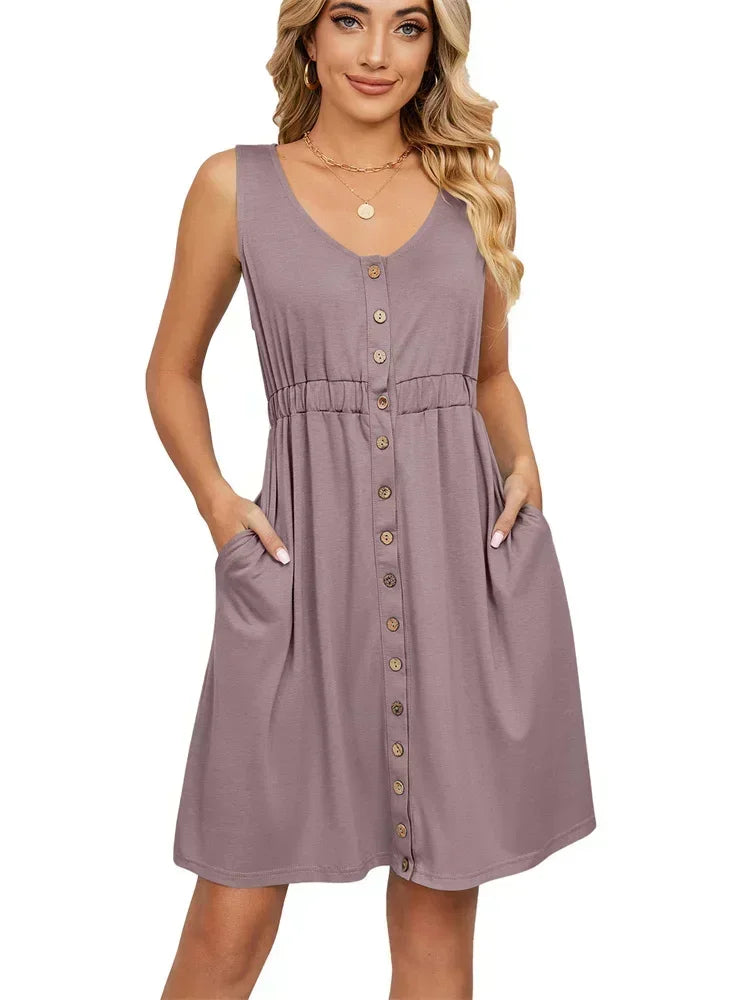 Vintage Elegant 2023 Summer Casual A-Line Womens Pullover Loose Pocket Dress Chic O-Neck Solid Sleeveless Long Dresses For Women