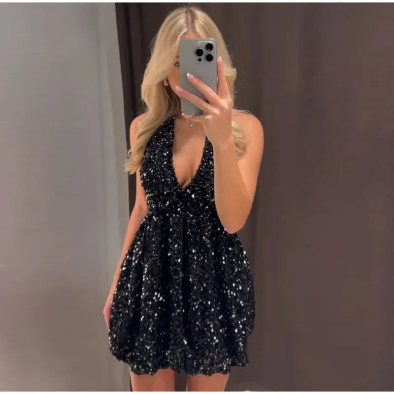 Sexy Sequins Short Black Party Dresses for Women Halter V Neck Backless Sparkly Ruffles Woman Mini Dress 2025 New Club Gowns