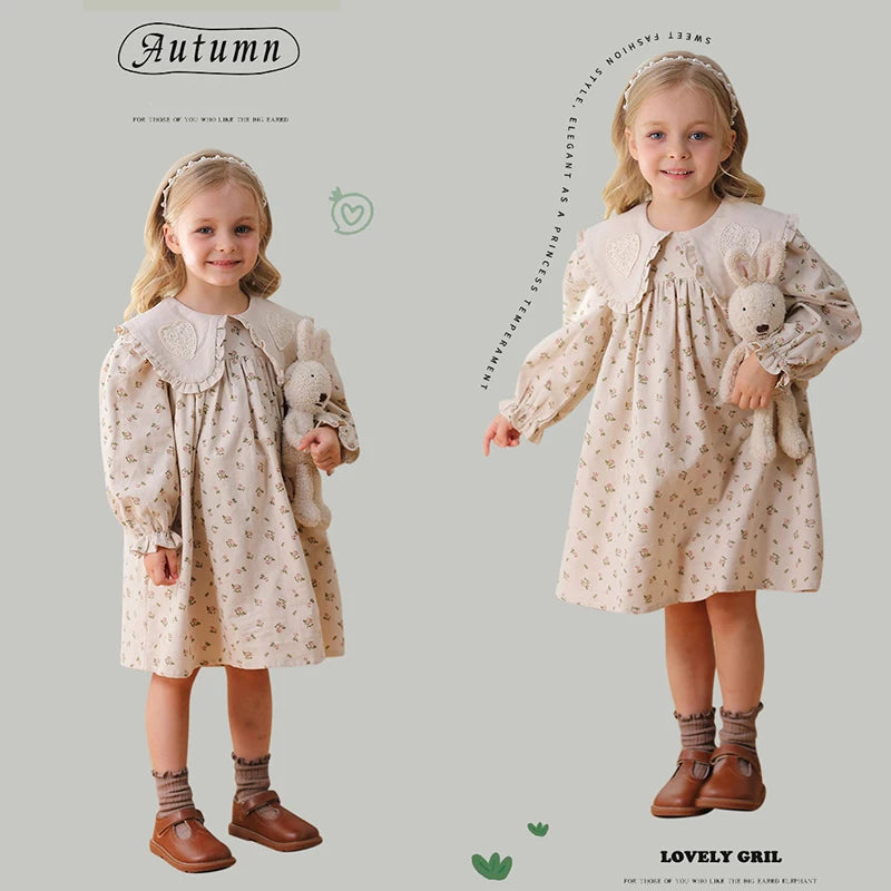 Spring Kids Baby Girls Sister Clothes Flower Print Princess Dress Autumn Baby Girls Doll Collar Dress Children Clothes Dress ﻿