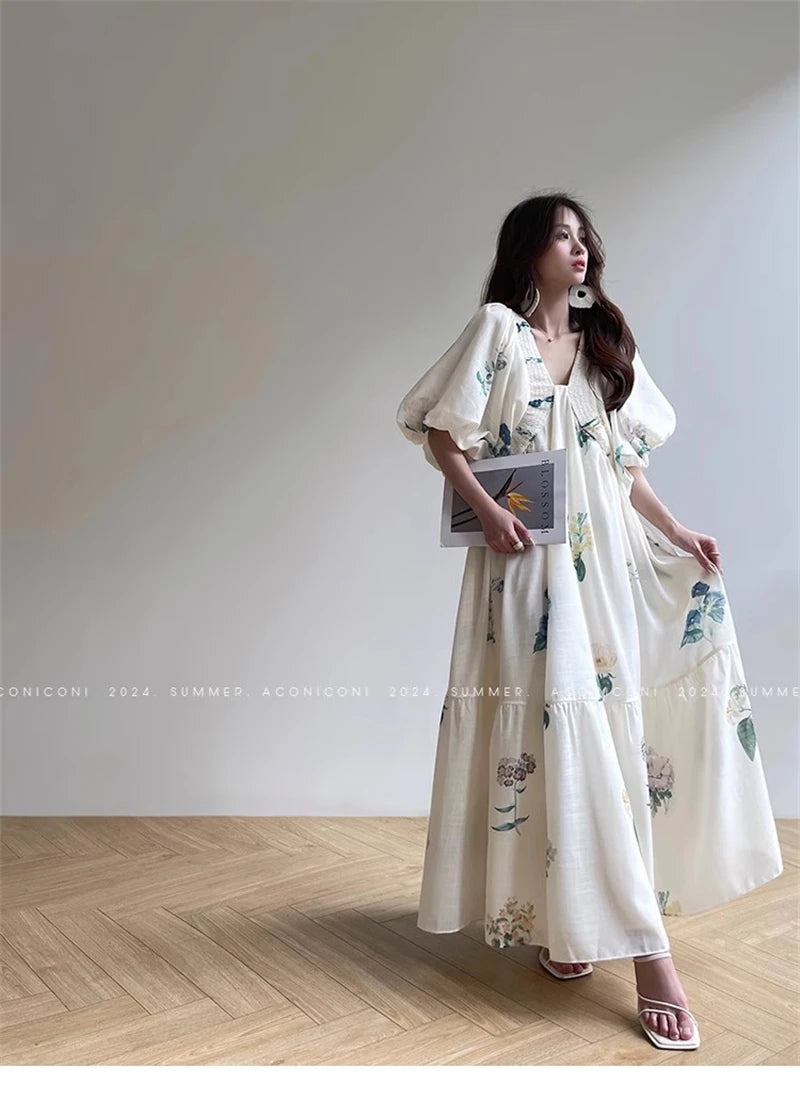 Vintage Fashion Printing Dress Cotton Linen Large Hem Loose Design V-neck Short Sleeves Women Dresses