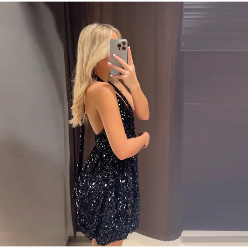 Sexy Sequins Short Black Party Dresses for Women Halter V Neck Backless Sparkly Ruffles Woman Mini Dress 2025 New Club Gowns