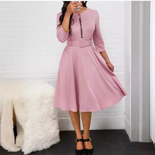 Women-New Autumn and Winter Dresses Round Neck Zipper Waist Mid-Length Sleeve Dress Temperament Commuting Swing Dress with Belt
