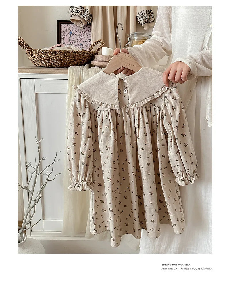 Spring Kids Baby Girls Sister Clothes Flower Print Princess Dress Autumn Baby Girls Doll Collar Dress Children Clothes Dress ﻿