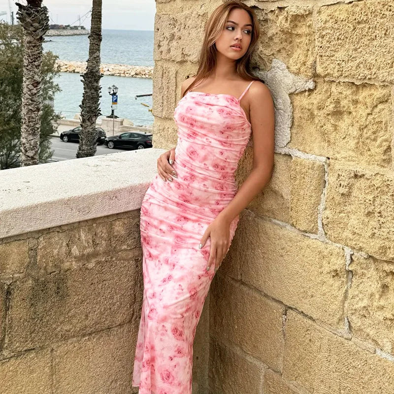 Summer women's sexy printed slim fit wrapper hip long dress