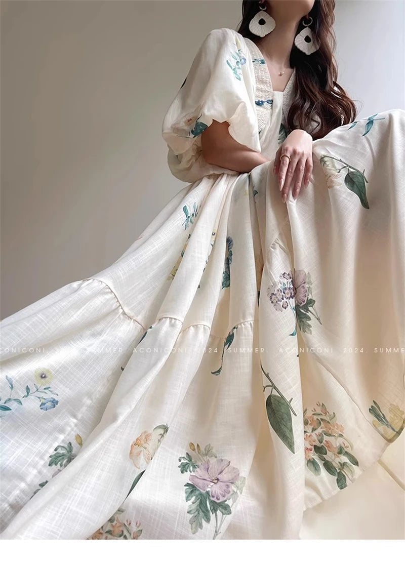 Vintage Fashion Printing Dress Cotton Linen Large Hem Loose Design V-neck Short Sleeves Women Dresses