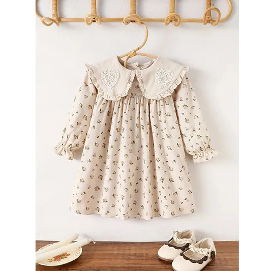 Spring Kids Baby Girls Sister Clothes Flower Print Princess Dress Autumn Baby Girls Doll Collar Dress Children Clothes Dress ﻿