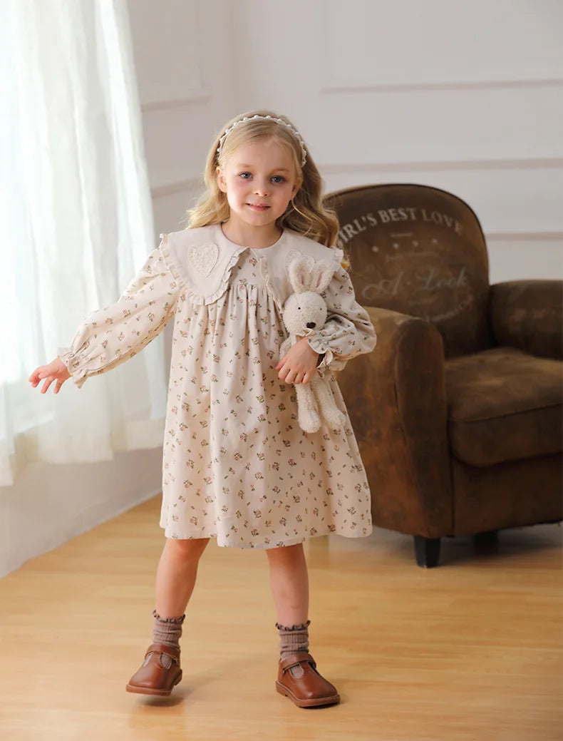 Spring Kids Baby Girls Sister Clothes Flower Print Princess Dress Autumn Baby Girls Doll Collar Dress Children Clothes Dress ﻿