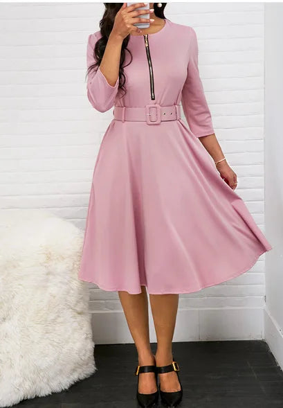 Women-New Autumn and Winter Dresses Round Neck Zipper Waist Mid-Length Sleeve Dress Temperament Commuting Swing Dress with Belt