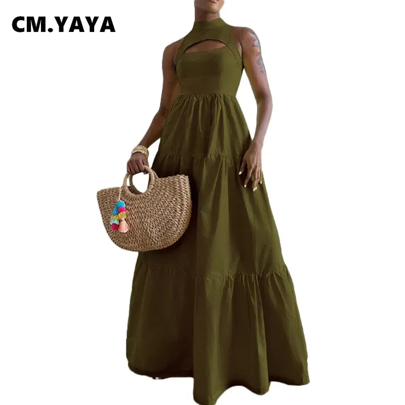 CM.YAYA Women Cutout Front Sleeveless Big Swing Floor Length Maxi Dress 2023 Autumn Street Evening Vestidos Sexy Party Dresses