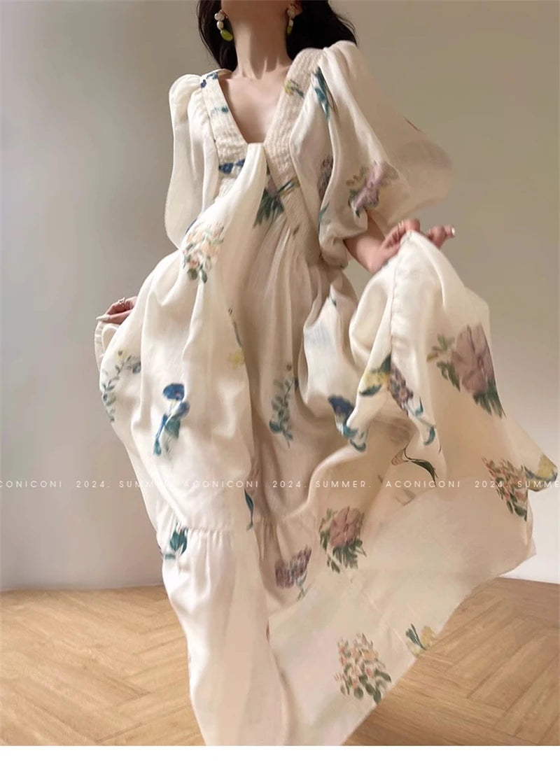 Vintage Fashion Printing Dress Cotton Linen Large Hem Loose Design V-neck Short Sleeves Women Dresses