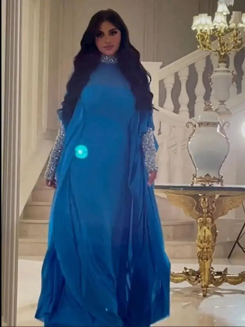 Dubai Sequin Cloak Dress 2 Piece Set Morocco Party Dress for Women Chiffon Ball Gown Vestidos Wedding Prom Evening Dress Caftan