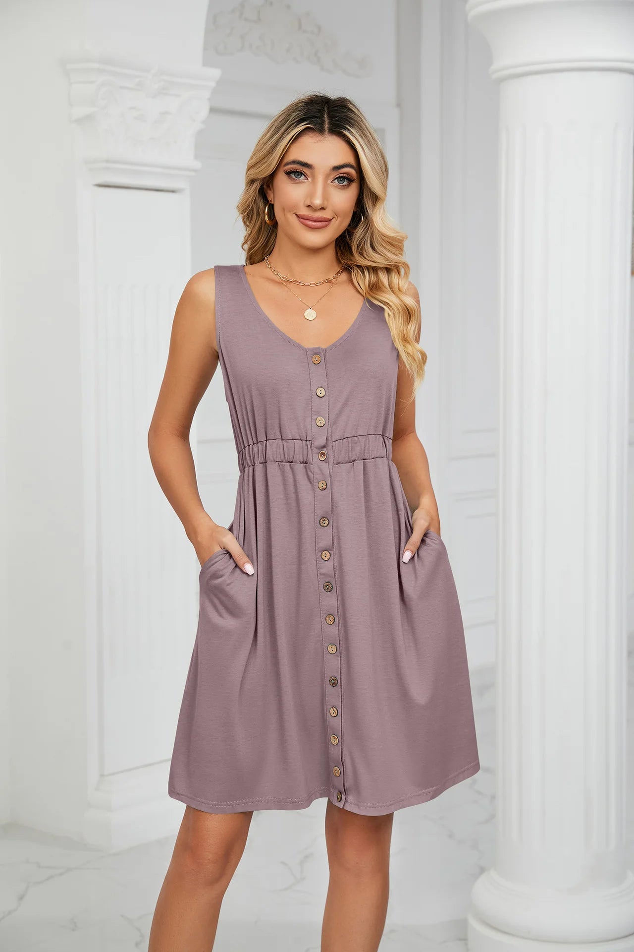 Vintage Elegant 2023 Summer Casual A-Line Womens Pullover Loose Pocket Dress Chic O-Neck Solid Sleeveless Long Dresses For Women