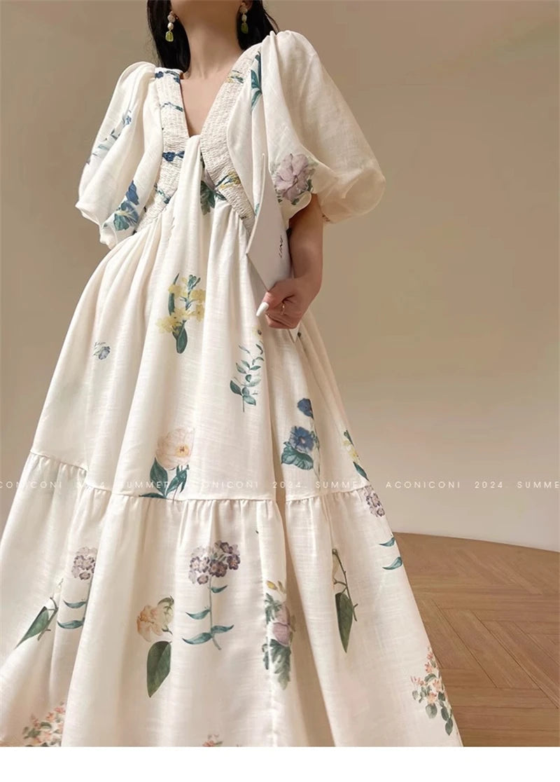 Vintage Fashion Printing Dress Cotton Linen Large Hem Loose Design V-neck Short Sleeves Women Dresses