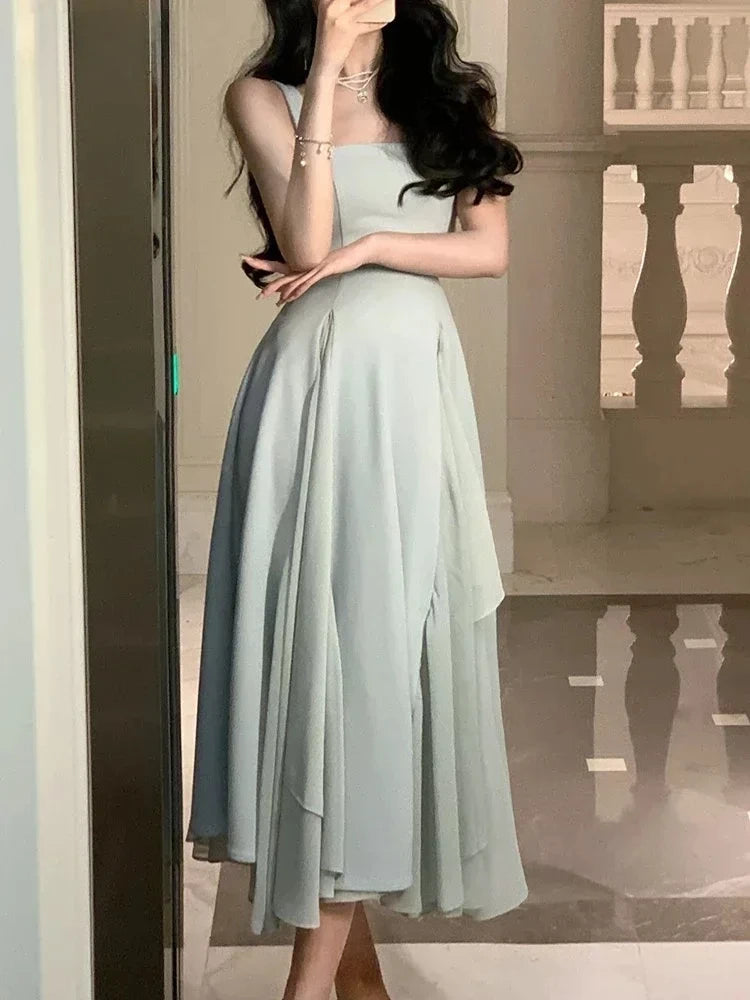 Women's Luxury Elegant Sleeveless Ruffles Square Collar Sheath Dresses 2024 Summer Fairy Slim Fit Solid Color Camisole Dress