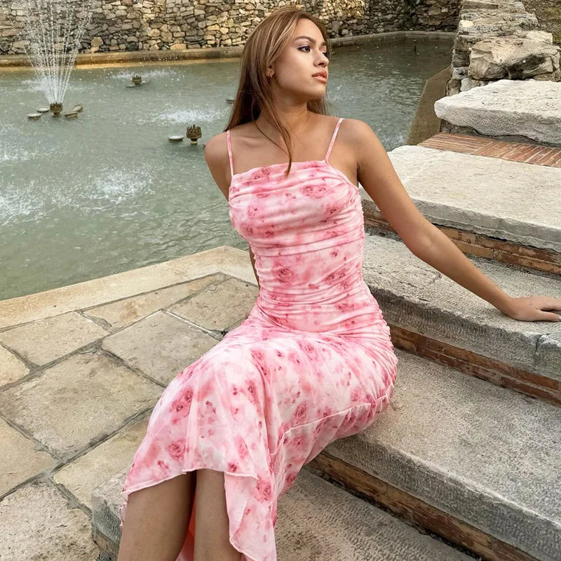 Summer women's sexy printed slim fit wrapper hip long dress