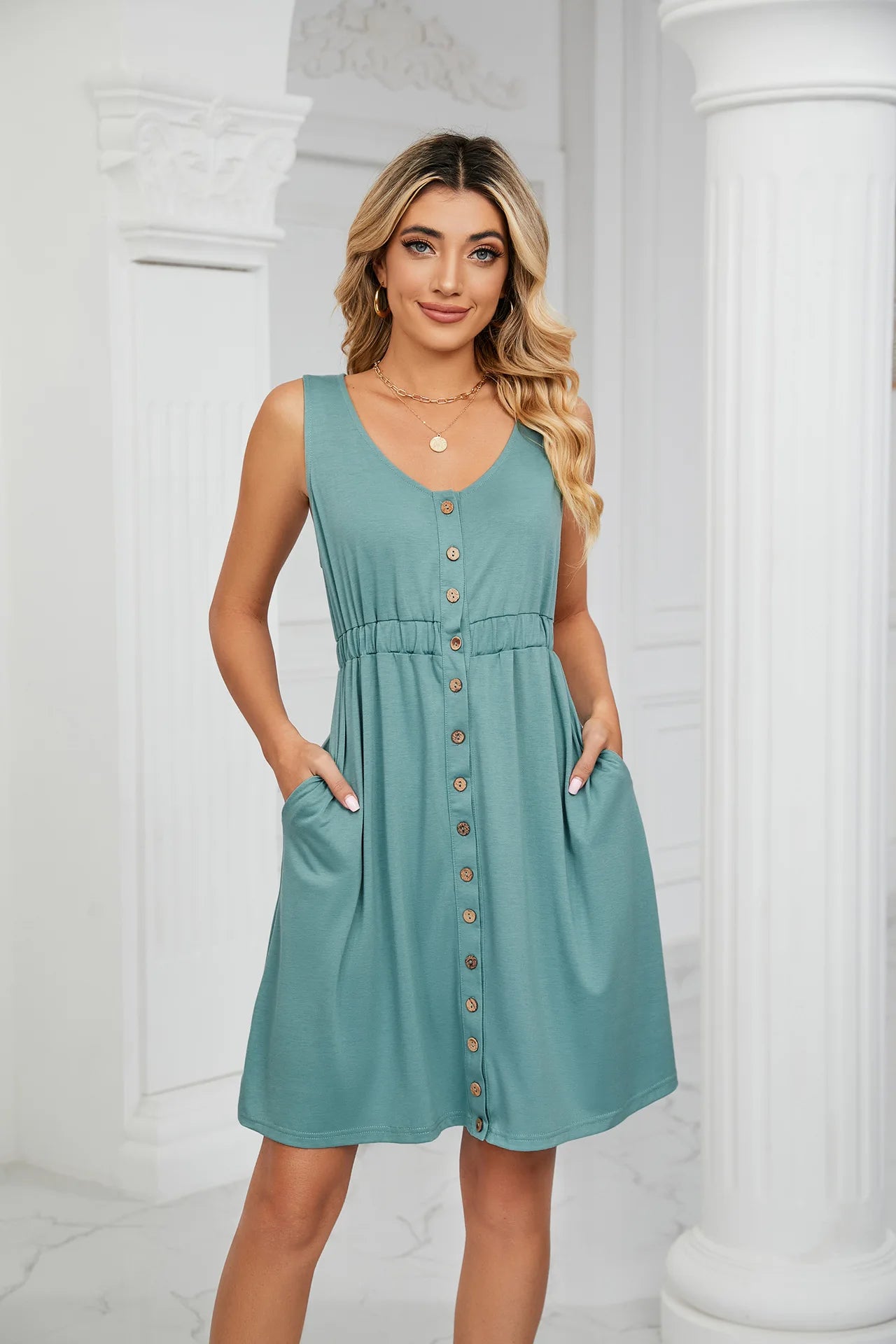 Vintage Elegant 2023 Summer Casual A-Line Womens Pullover Loose Pocket Dress Chic O-Neck Solid Sleeveless Long Dresses For Women