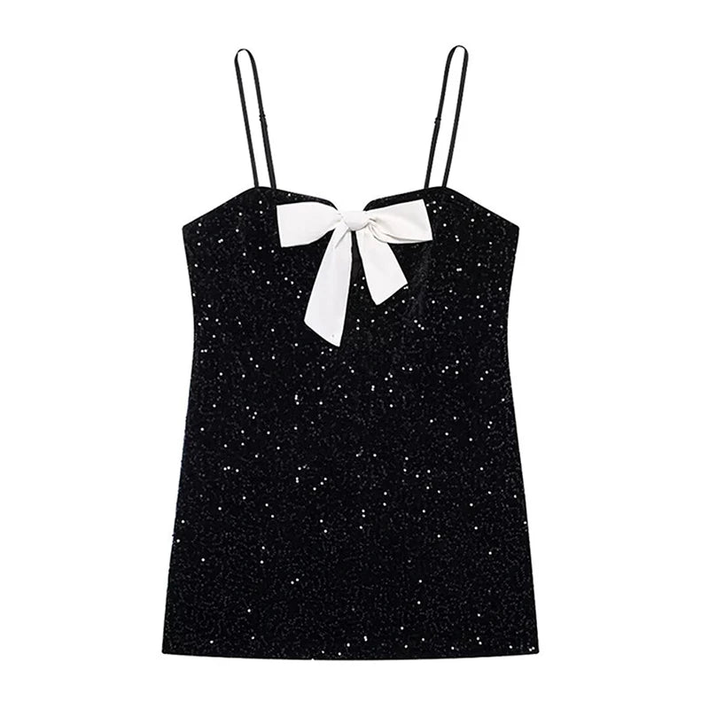 Sexy Sequins Short Black Party Dresses for Women Halter V Neck Backless Sparkly Ruffles Woman Mini Dress 2025 New Club Gowns