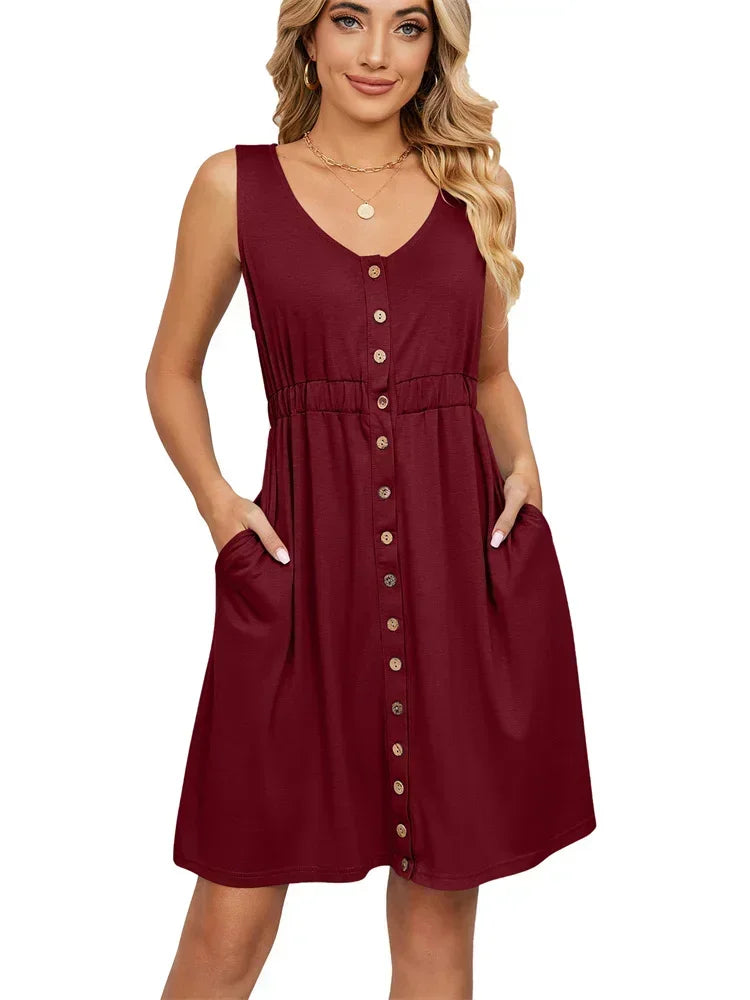 Vintage Elegant 2023 Summer Casual A-Line Womens Pullover Loose Pocket Dress Chic O-Neck Solid Sleeveless Long Dresses For Women
