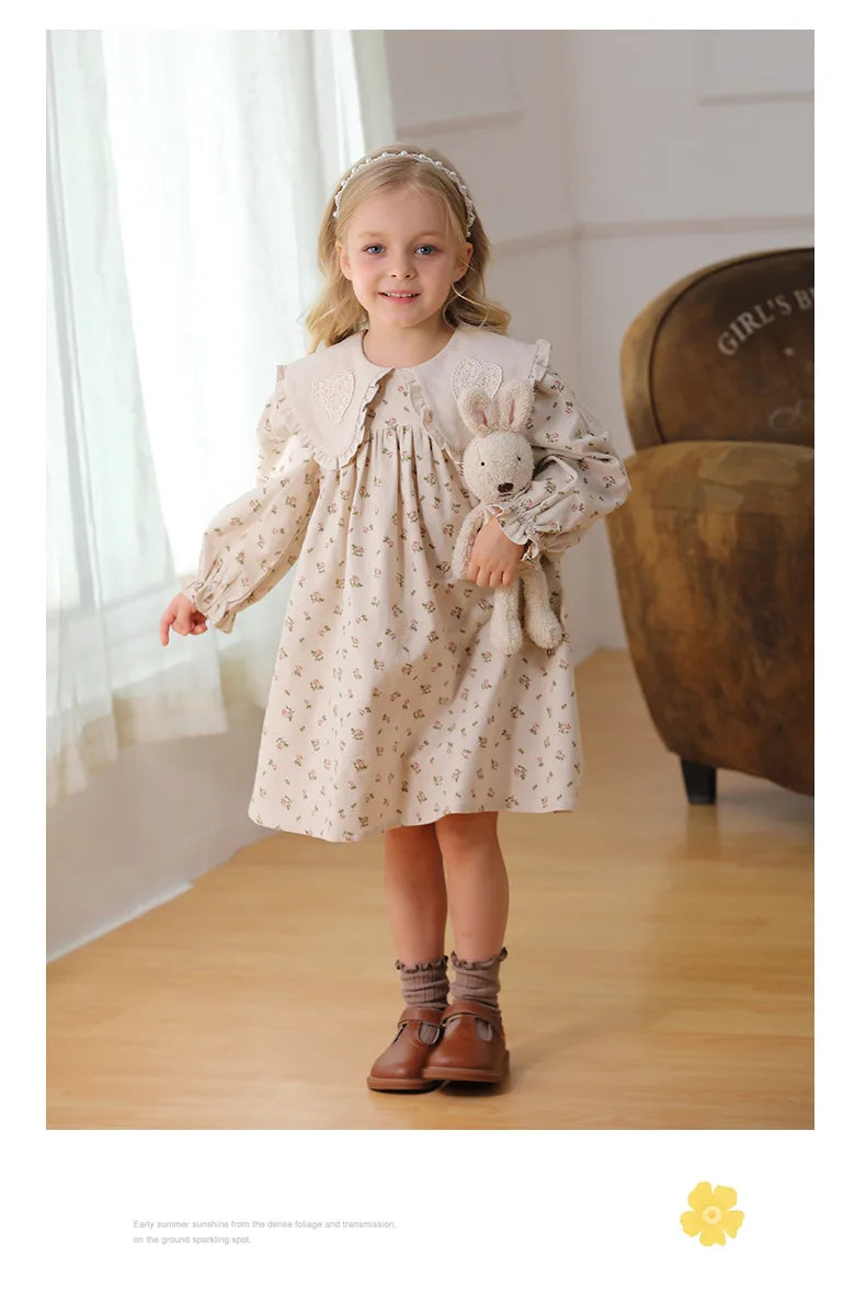 Spring Kids Baby Girls Sister Clothes Flower Print Princess Dress Autumn Baby Girls Doll Collar Dress Children Clothes Dress ﻿