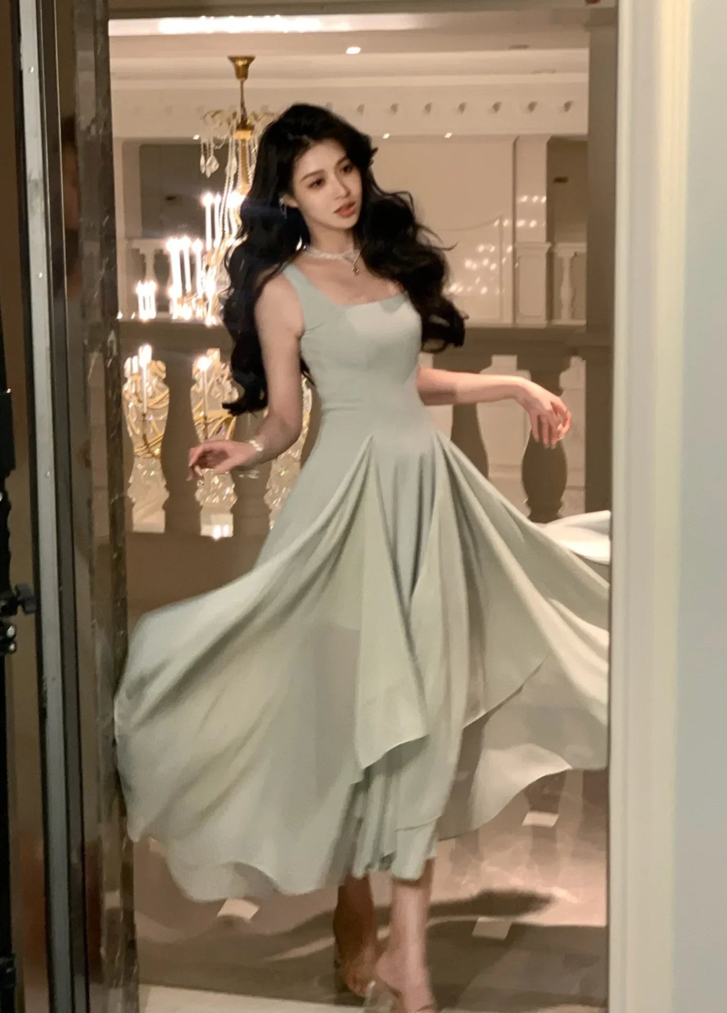 Women's Luxury Elegant Sleeveless Ruffles Square Collar Sheath Dresses 2024 Summer Fairy Slim Fit Solid Color Camisole Dress