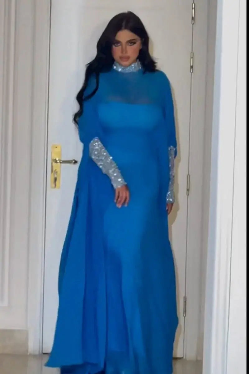 Dubai Sequin Cloak Dress 2 Piece Set Morocco Party Dress for Women Chiffon Ball Gown Vestidos Wedding Prom Evening Dress Caftan