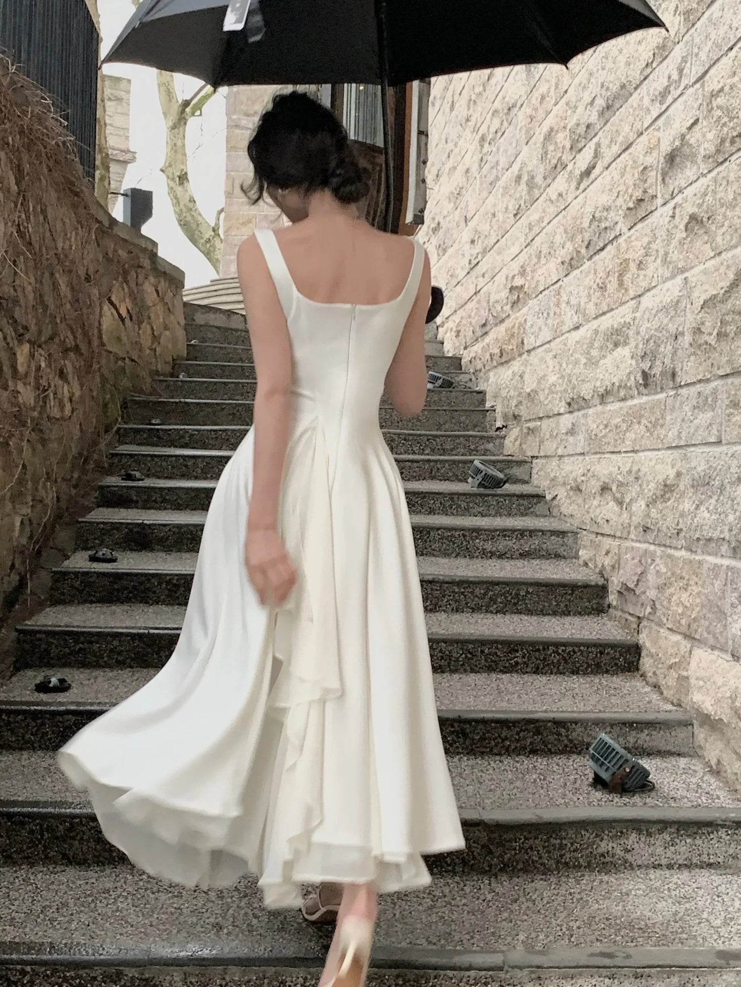 Women's Luxury Elegant Sleeveless Ruffles Square Collar Sheath Dresses 2024 Summer Fairy Slim Fit Solid Color Camisole Dress