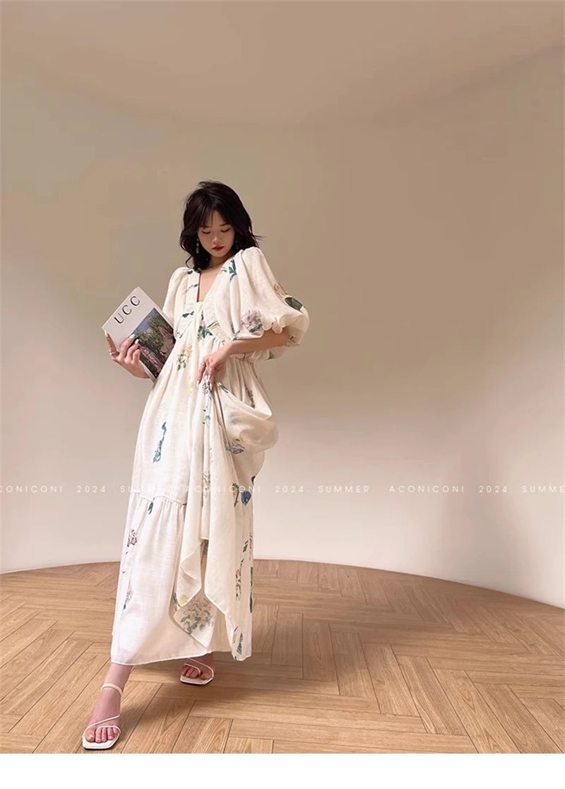 Vintage Fashion Printing Dress Cotton Linen Large Hem Loose Design V-neck Short Sleeves Women Dresses