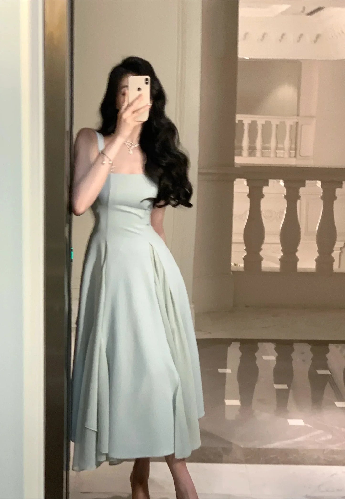 Women's Luxury Elegant Sleeveless Ruffles Square Collar Sheath Dresses 2024 Summer Fairy Slim Fit Solid Color Camisole Dress