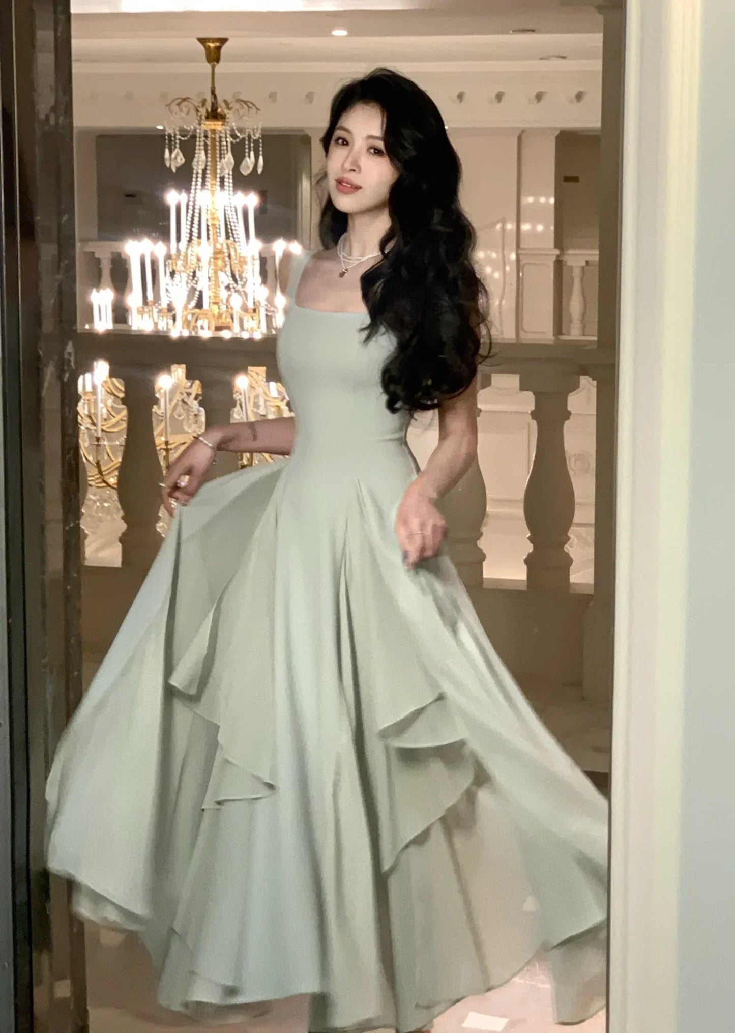 Women's Luxury Elegant Sleeveless Ruffles Square Collar Sheath Dresses 2024 Summer Fairy Slim Fit Solid Color Camisole Dress