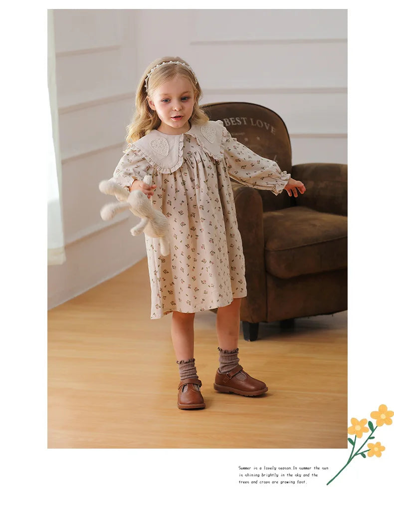 Spring Kids Baby Girls Sister Clothes Flower Print Princess Dress Autumn Baby Girls Doll Collar Dress Children Clothes Dress ﻿