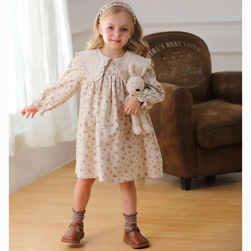 Spring Kids Baby Girls Sister Clothes Flower Print Princess Dress Autumn Baby Girls Doll Collar Dress Children Clothes Dress ﻿