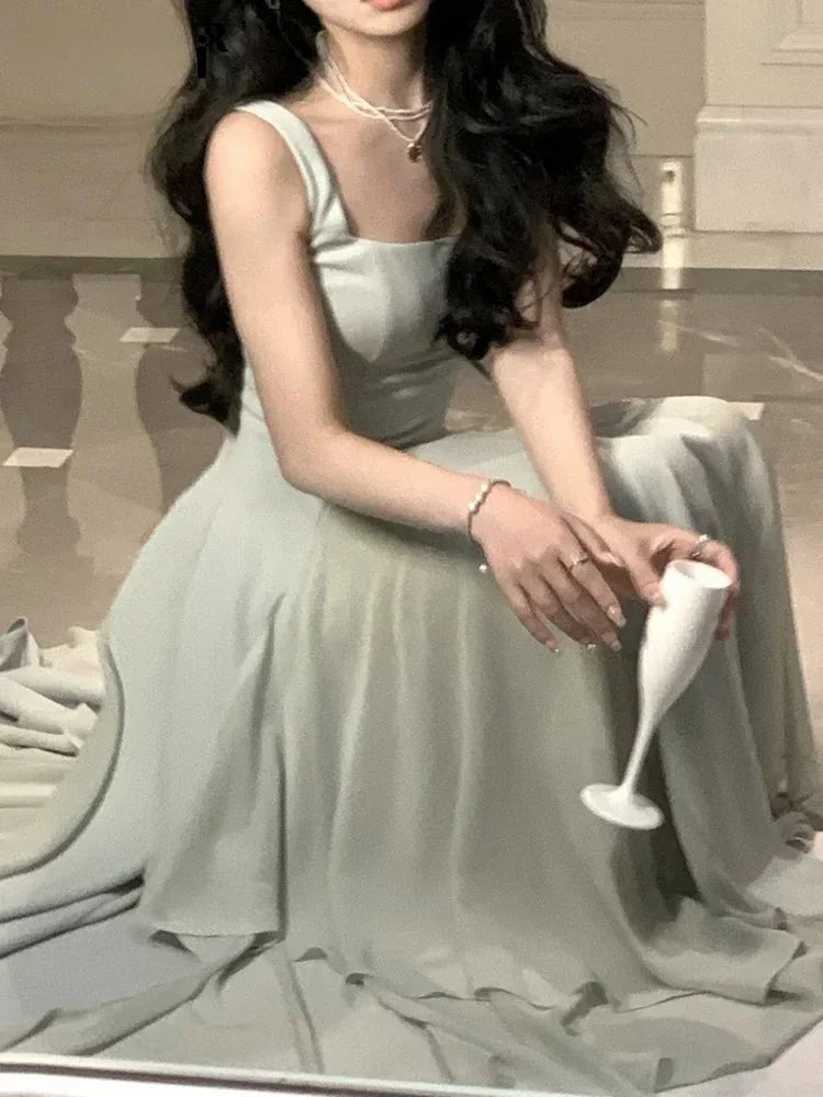 Women's Luxury Elegant Sleeveless Ruffles Square Collar Sheath Dresses 2024 Summer Fairy Slim Fit Solid Color Camisole Dress