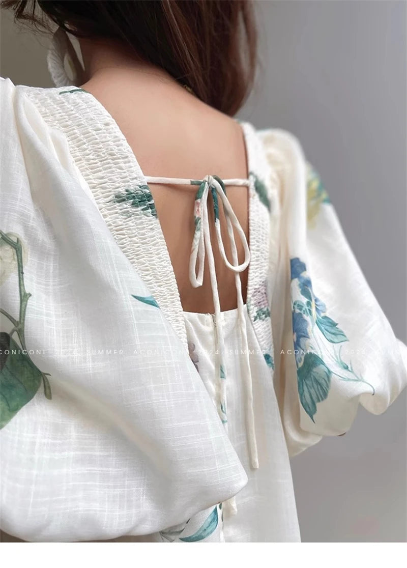 Vintage Fashion Printing Dress Cotton Linen Large Hem Loose Design V-neck Short Sleeves Women Dresses