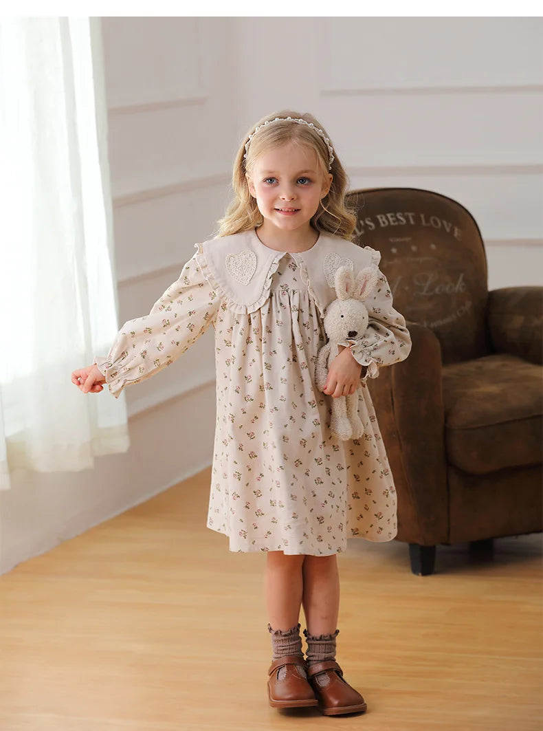 Spring Kids Baby Girls Sister Clothes Flower Print Princess Dress Autumn Baby Girls Doll Collar Dress Children Clothes Dress ﻿