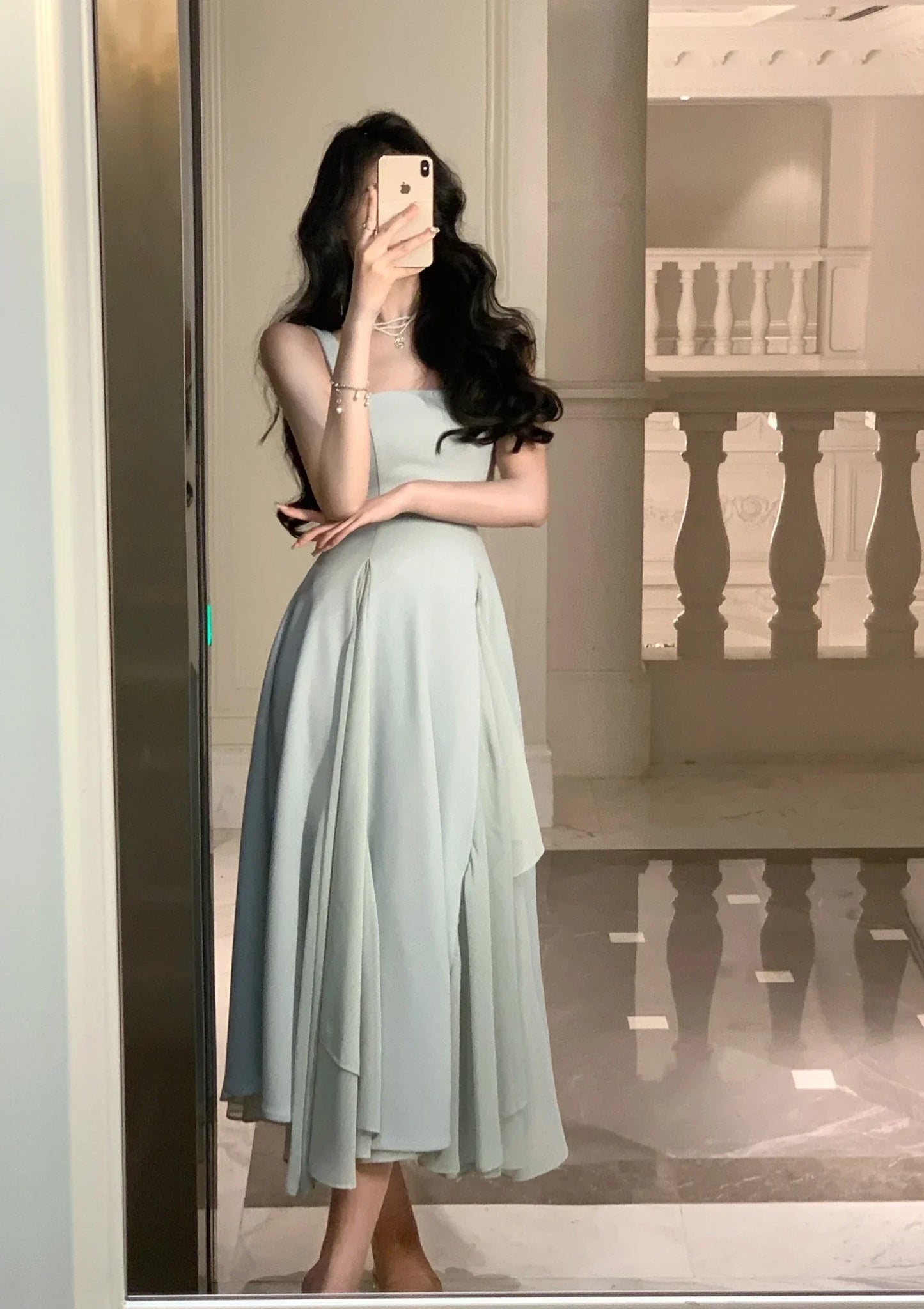 Women's Luxury Elegant Sleeveless Ruffles Square Collar Sheath Dresses 2024 Summer Fairy Slim Fit Solid Color Camisole Dress