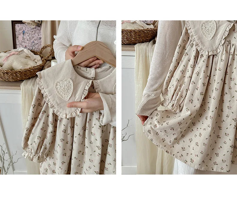 Spring Kids Baby Girls Sister Clothes Flower Print Princess Dress Autumn Baby Girls Doll Collar Dress Children Clothes Dress ﻿
