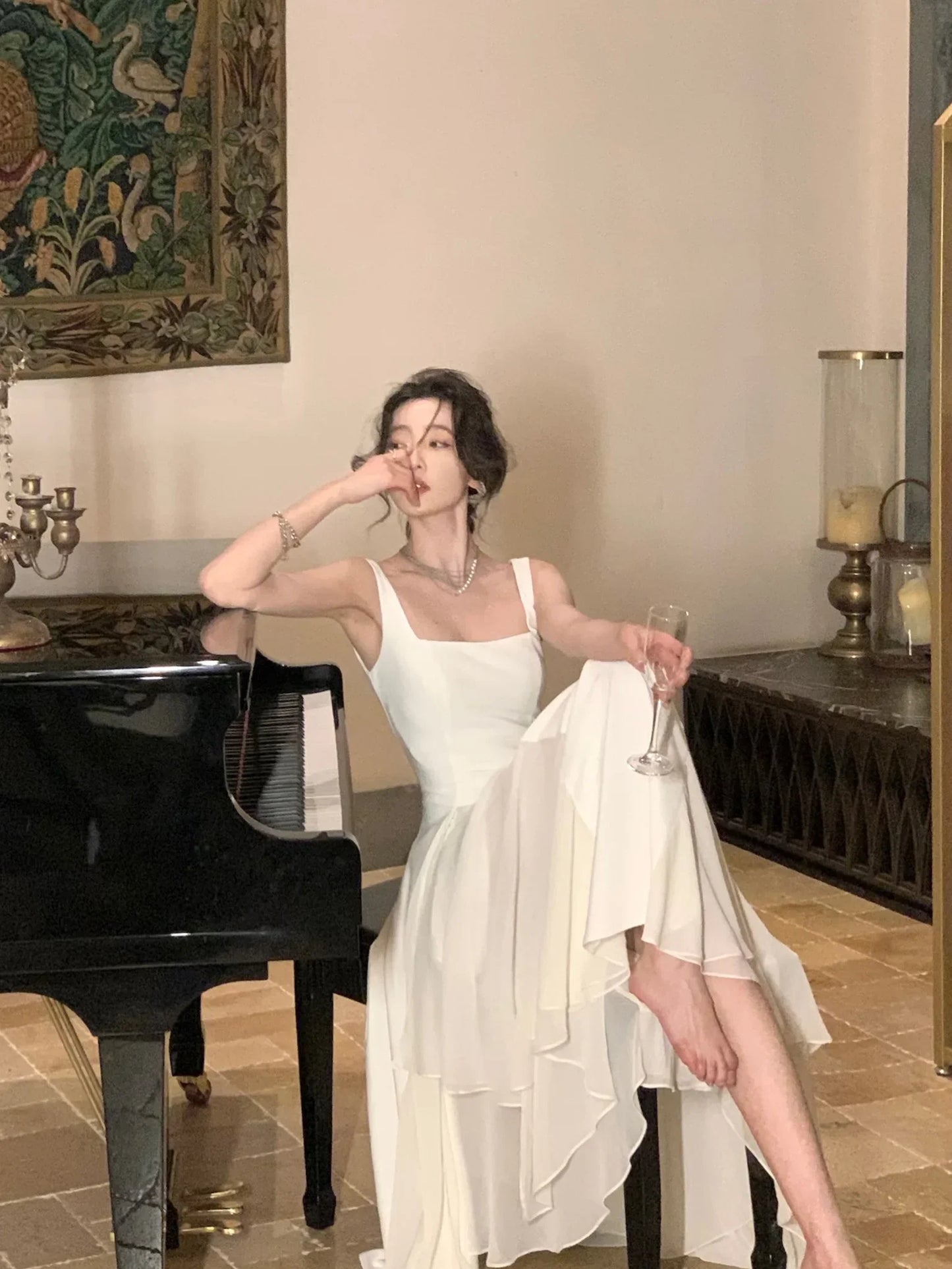 Women's Luxury Elegant Sleeveless Ruffles Square Collar Sheath Dresses 2024 Summer Fairy Slim Fit Solid Color Camisole Dress