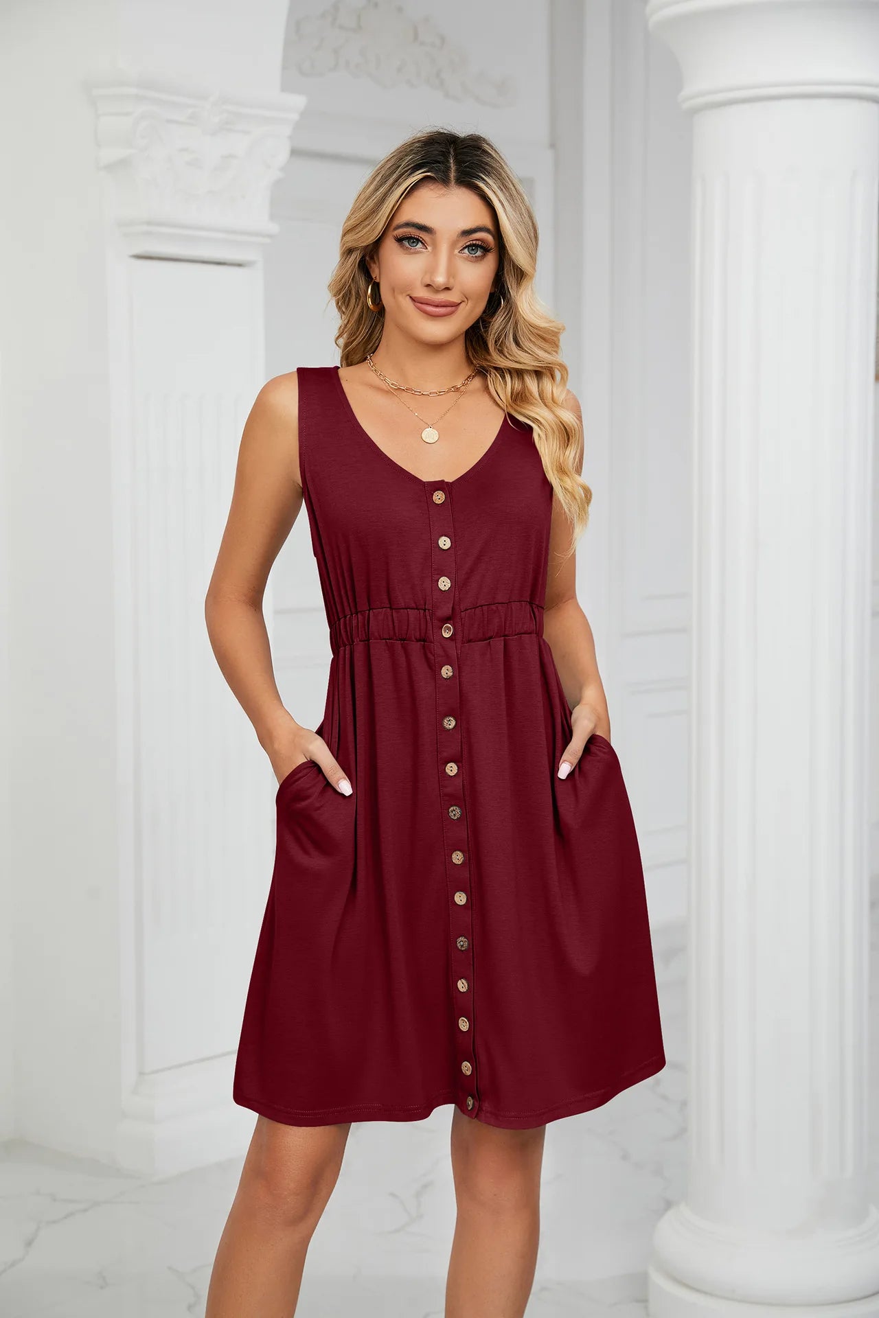 Vintage Elegant 2023 Summer Casual A-Line Womens Pullover Loose Pocket Dress Chic O-Neck Solid Sleeveless Long Dresses For Women