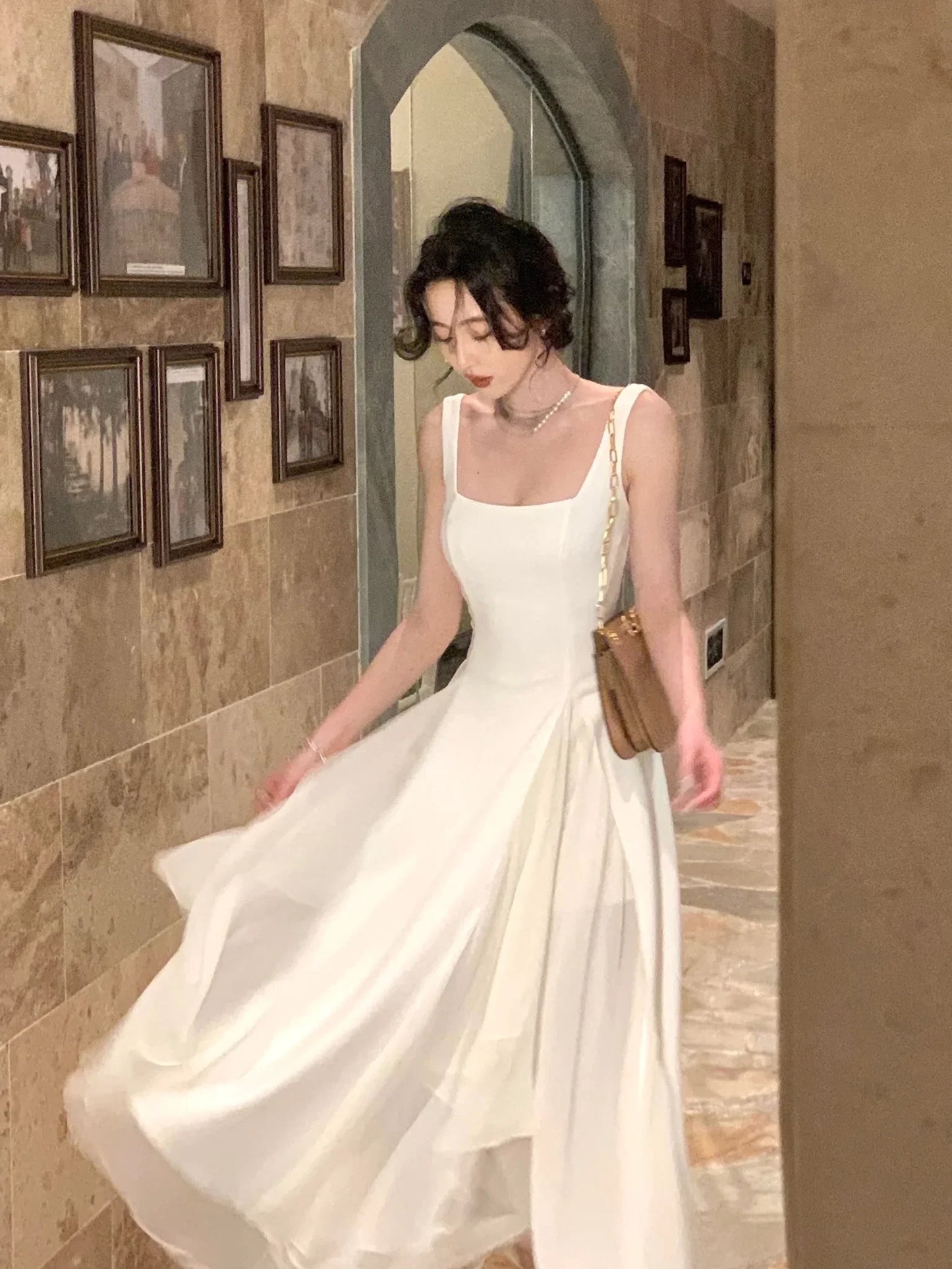 Women's Luxury Elegant Sleeveless Ruffles Square Collar Sheath Dresses 2024 Summer Fairy Slim Fit Solid Color Camisole Dress